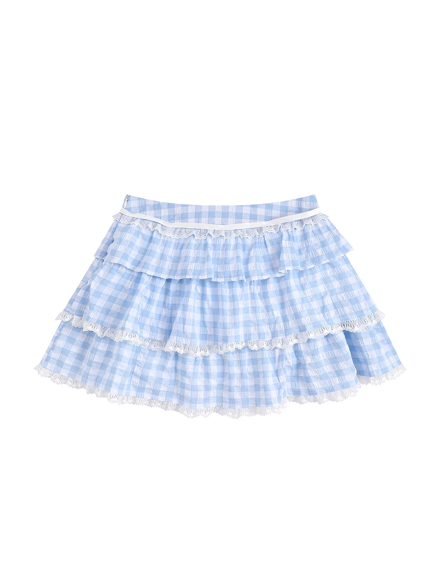 Women's Y2k Lace Trim Plaid Print Mini Skirts Tie-up Waist A-Line Skirts Summer Ruffle Layered Swing Skirts Streetwear