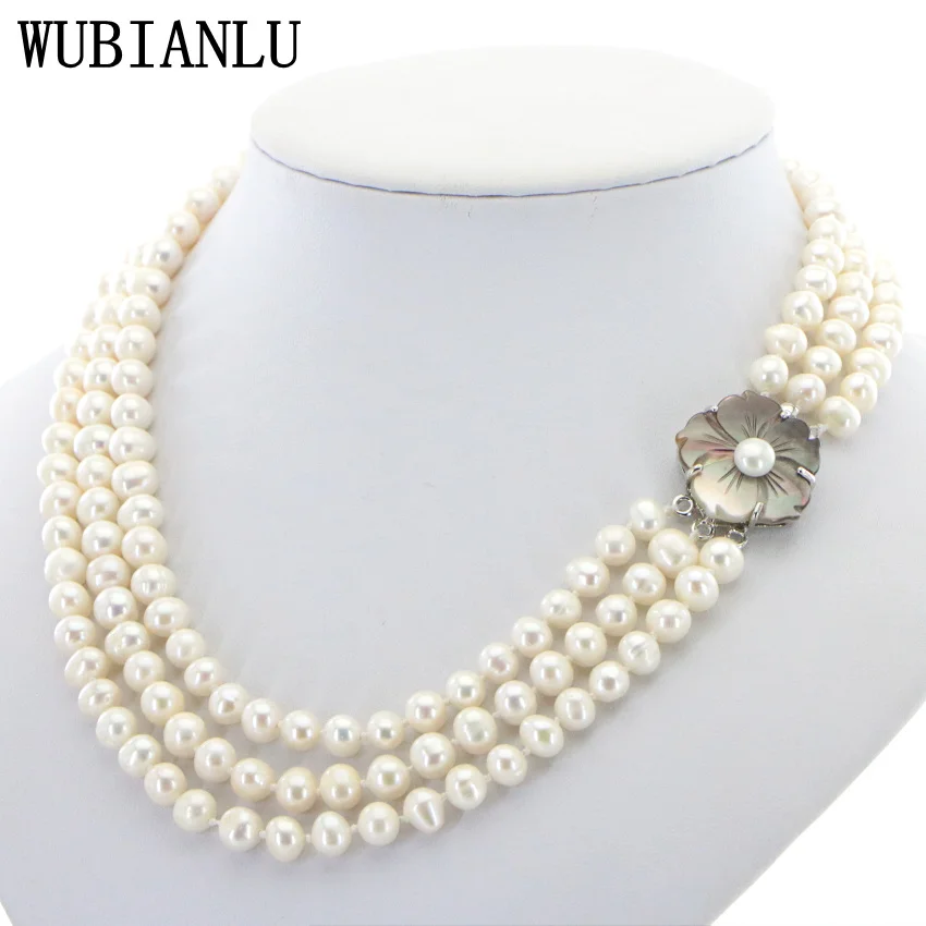 

WUBIANLU 3 Row 7-8mm White Freshwater Pearl Necklace Chain Floral Buttons Jewelery Women Girl Banquet 17-19 InchFashion Charming