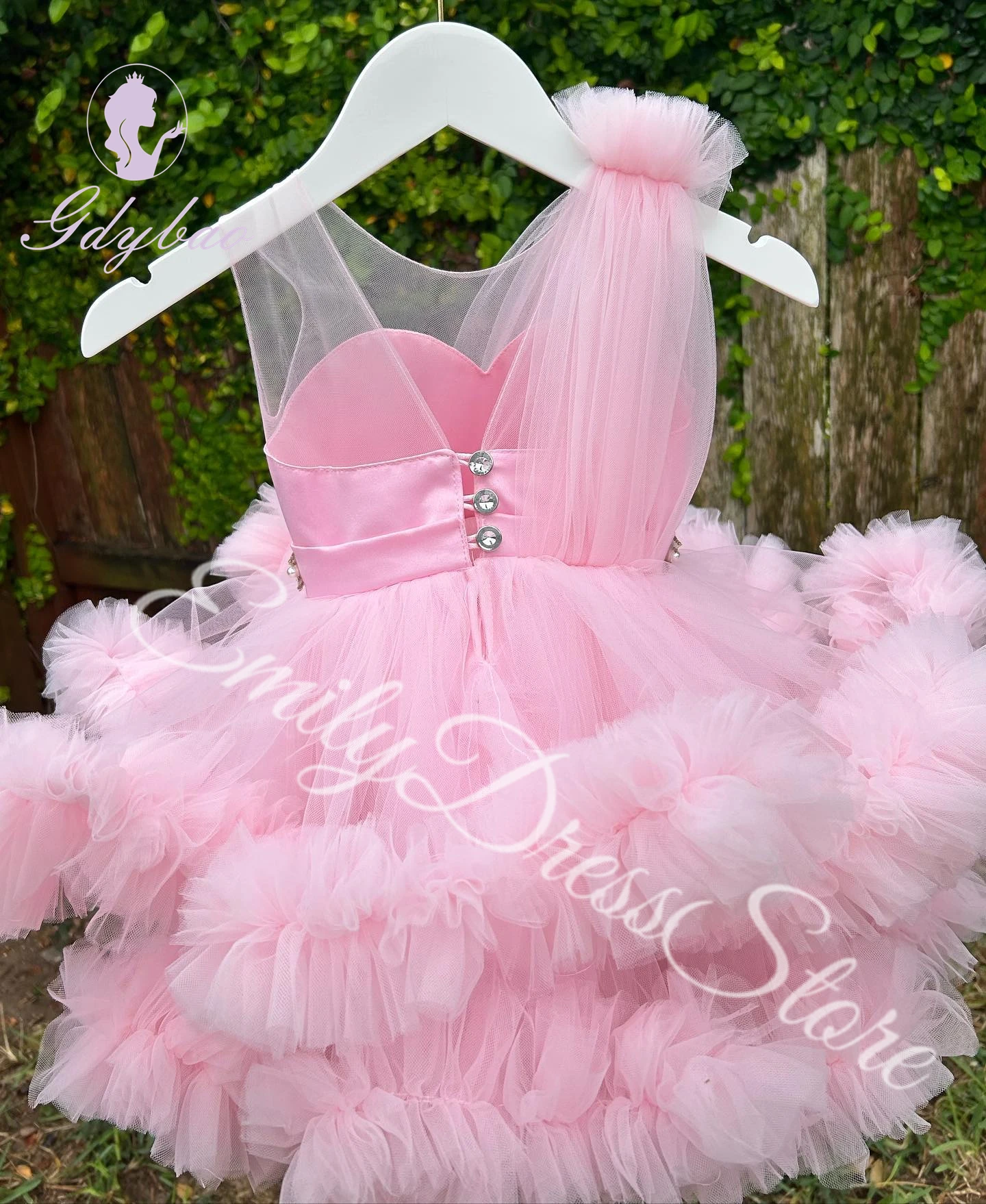 

Customized Flower Girl Dress for Wedding Cute Knee Length Pleated Pink Tulle Kids Birthday Party First Communion Gown