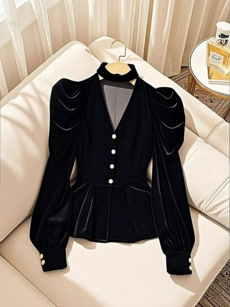 

Черная бархатная рубашка с длинными рукавами для женщин Y2k с тонкой талией и v-образным вырезом Blusas Mujer 2023, новые однобортные блузки ранней весны