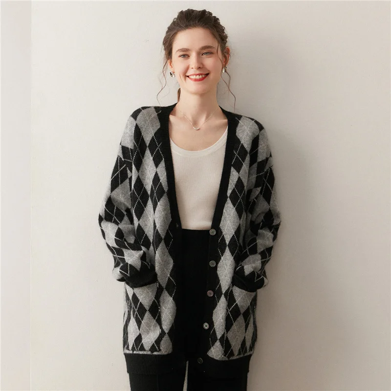 

Женский кардиган из 100% кашемира, осенне-зимний, с V-образным вырезом, в стиле ретро, с контрастными цветами, узором аргайл, на пуговицах, элегантный, теплый, плотный