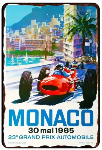 Цельный металлический рекламный плакат с изображением Монако Grand Prix 1965, жестяной знак 8x12