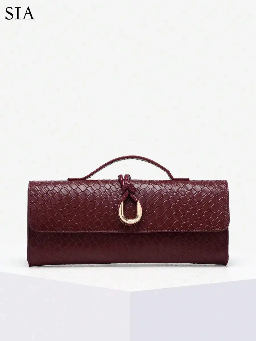 

Women Vintage Minimalist Faux Woven Texture Burgundy Flap Lock Large Clutch Bag For Evening Party Wedding