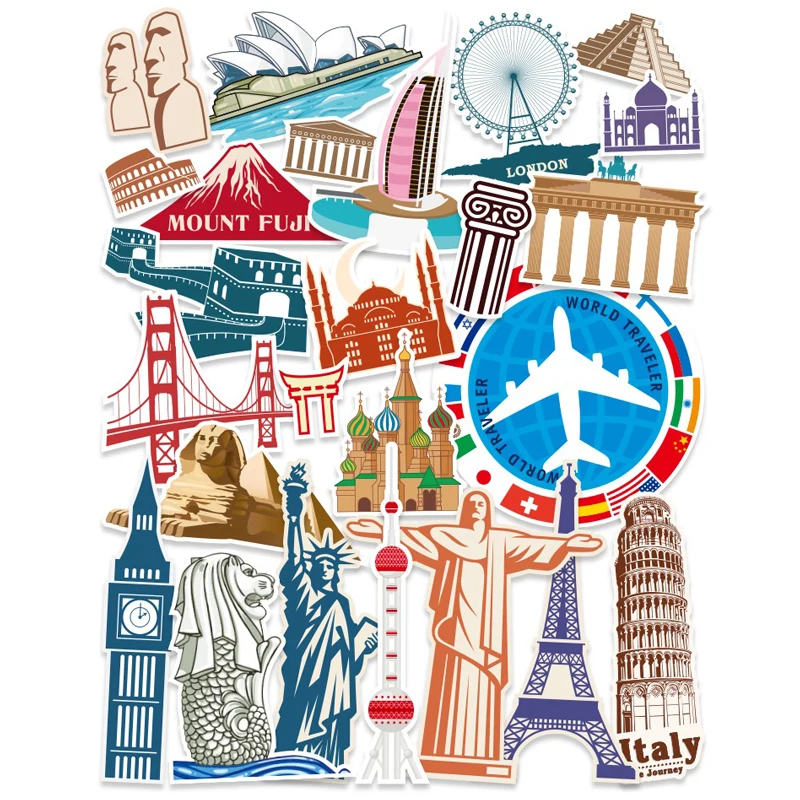 25 Pcs Luggage Stickers Sets European and American City Landmark Suitcase Sticker Retro Architecture Waterproof Sticker