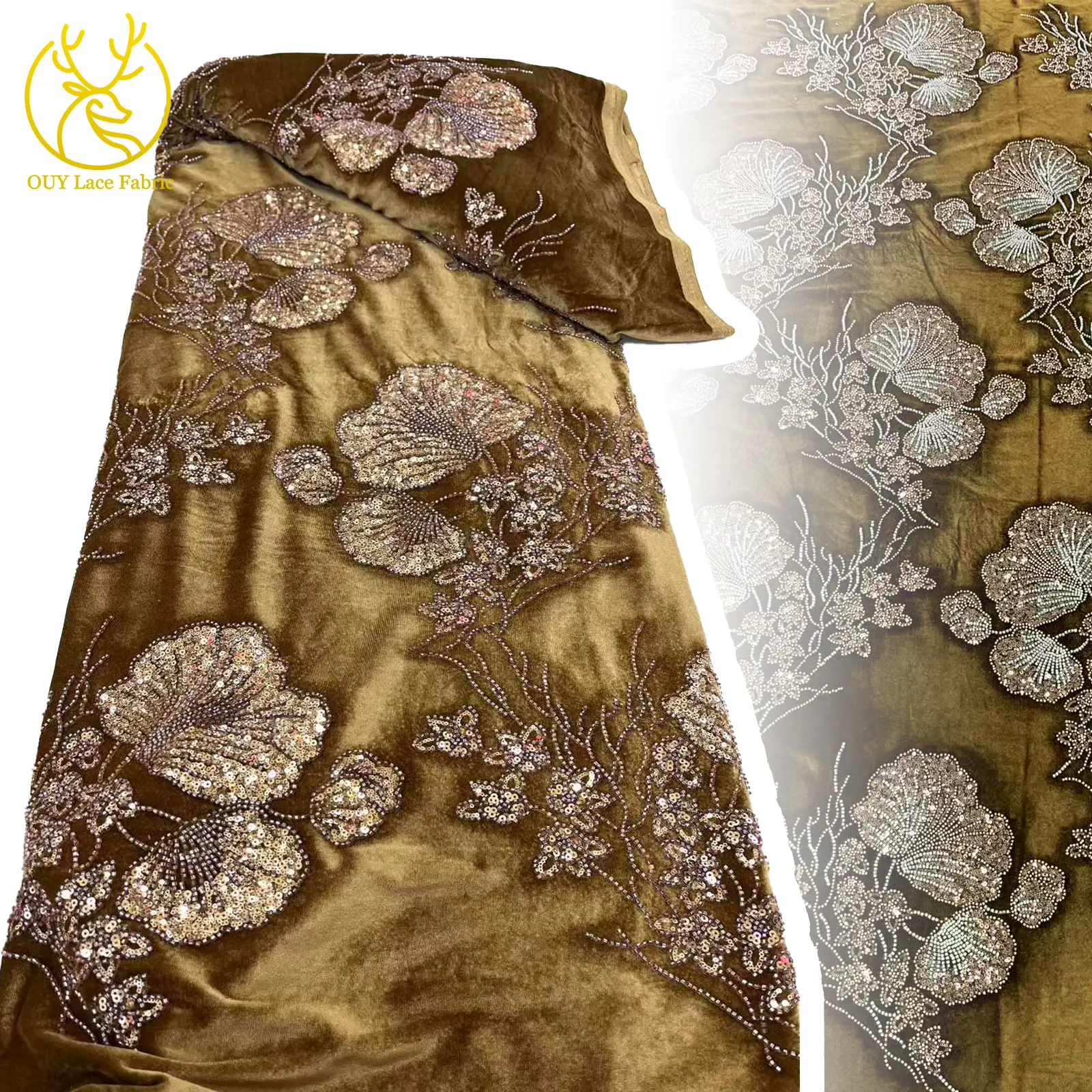 

2025 Velvet Beaded Sequined Embroidered Lace Fabric 2025 Golden Luxury French Nigerian Dress Fabric for Evening Wear Material
