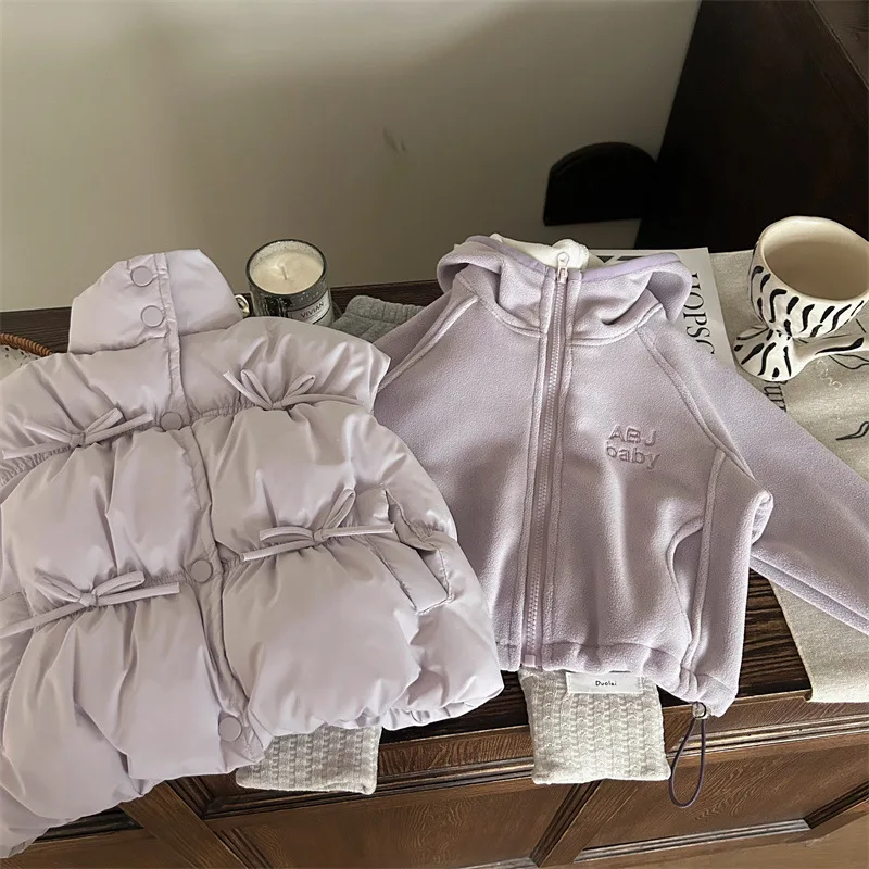 Girls Suit 2024 Winter New Childrens Wear Korean Style Baby Girl Austrian Grain Fleece Coat Plus Fleece Leggings Two-piece Set