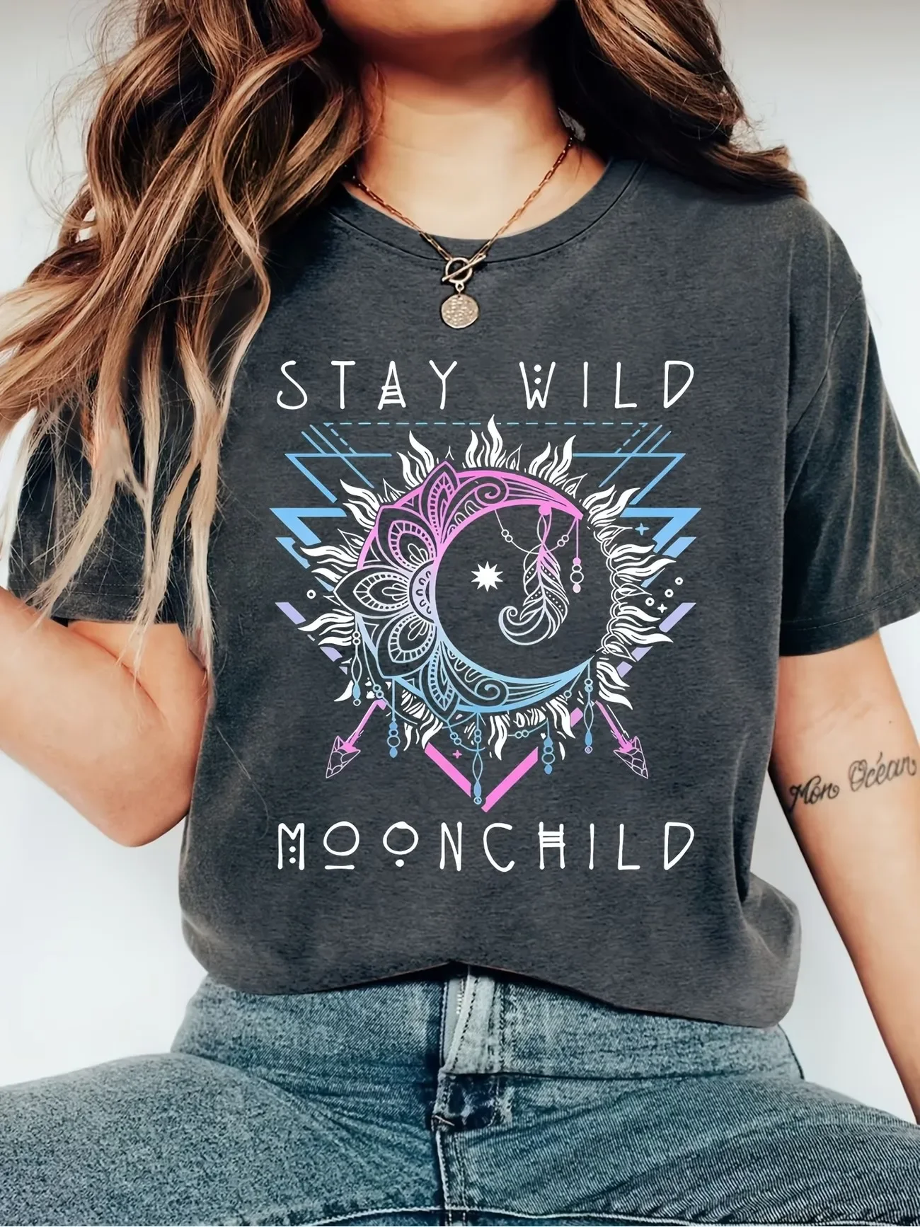 Aesthetic Motivational Moon Print Short Sleeve Fashion T Shirt Y2k Women Round Neck Retro T-shirt Casual Woman Summer