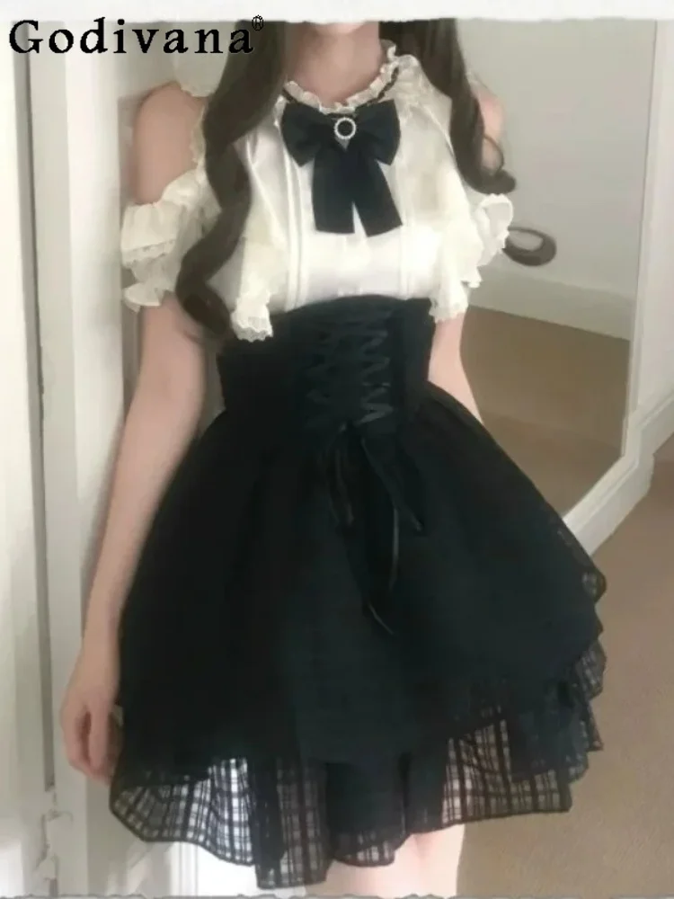 Subculture Black White Sweet Girl Off-the-shoulder Elegant Short Sleeve Shirt Fashion High Waist A-line Age-reducing Skirt Sets