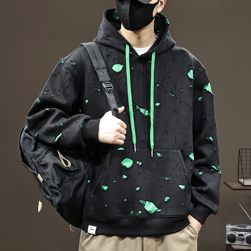 

Broken hole hoodie men's 2024 autumn and winter new high-end trendy fashion design loose oversized casual loose hooded shirt