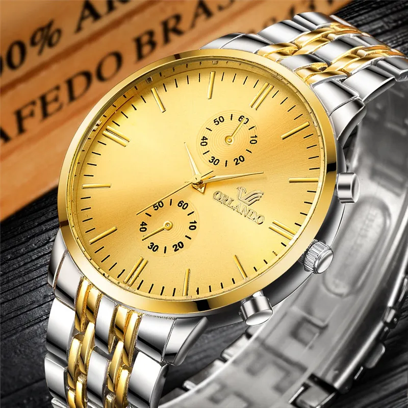 

ORLANDO Men Watches Top Brand Luxury Gold Watches Stainless Steel Band Quartz Wristwatches relogio masculino erkek kol saati