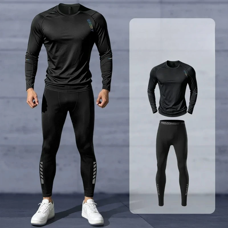 2026 Tracksuit 2 Pcs Men's Fitness Outfit Long Sleeve Jogging Leggings Running Cycling Training Wear Active Sportswear Set