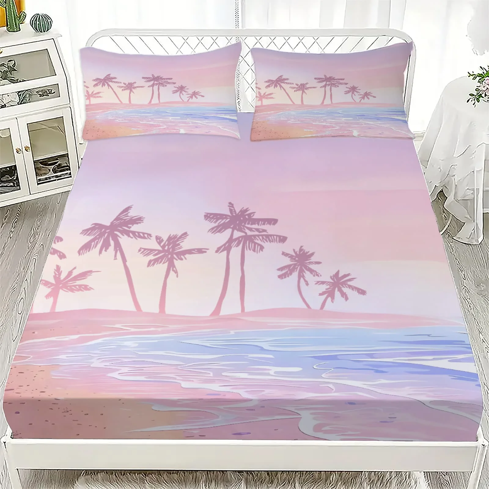 1 Stück Pastellfarbenes Strandpalmen-Druck Spannbettlaken mit Tiefen Taschen, Elastischer Matratzenbezug für Einzel-, Doppel-, Queen- und King-Size-Betten, Schlafzimmerdekoration