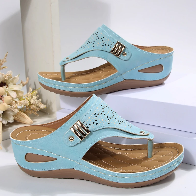 Zapatillas de mujer, zapatos de plataforma suaves antideslizantes de cuero, chanclas, zapatillas de cuña de verano, sandalias ortopédicas ligeras, chanclas para mujer