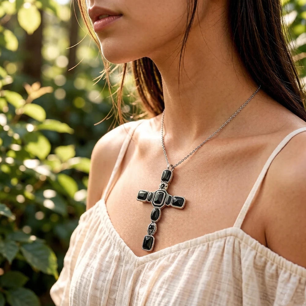 Cross Black Stone Pendant,Brand New 925 Sterling Silver Vintage Jewelry Accessories Graceful Faith Gift For Woman