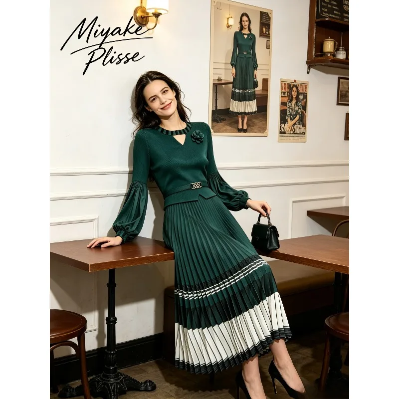 Miyake Pleated 2026 Slim Fit Fashion Fake Two-Piece Plus Size Dress Color Block Hem Autumn Pleated French Elegant Long Dress