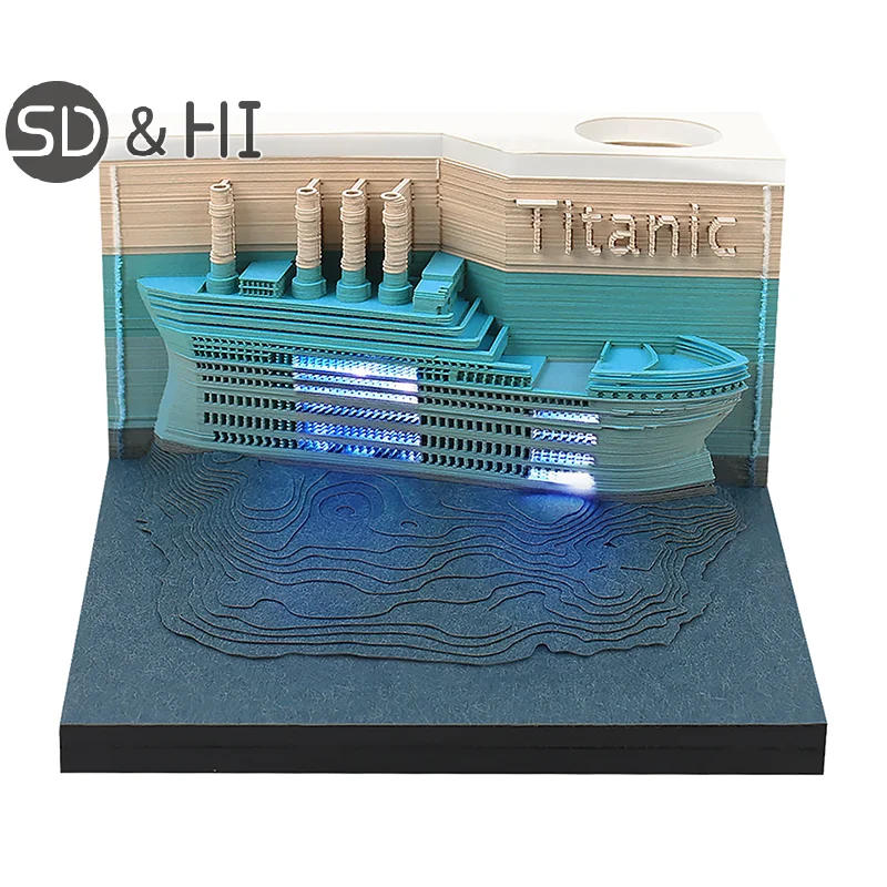 Ocean Liner Desk Calendar With LED Lights 2025 Calendar Memo Pad Creative Desk Calendar DIY Notes Notepad 3D Art Calendar Paper