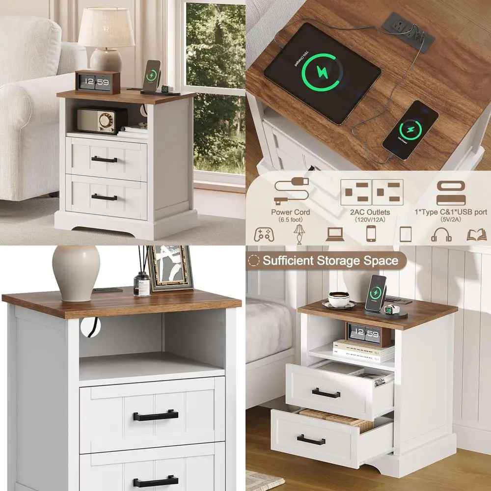 

Белая деревянная тумбочка с зарядной станцией, прикроватная тумбочка с 2 ящиками и открытой полкой для спальни