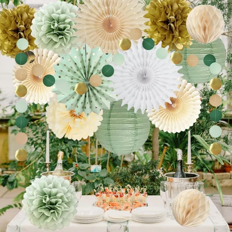 

Sage Green Paper Lantern Fans and Pom Poms Flowers Hanging Decorations for Wedding Party Birthday Bridal Shower Valentine's Day