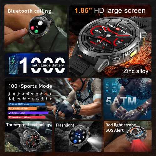 Imagen 2 del producto 2026 nuevo T-REX3 reloj inteligente al aire libre 1,85 pulgadas AMOLED 1000mAh batería grande 5ATM impermeable llamada de voz deportes hombres pulsera de Fitness