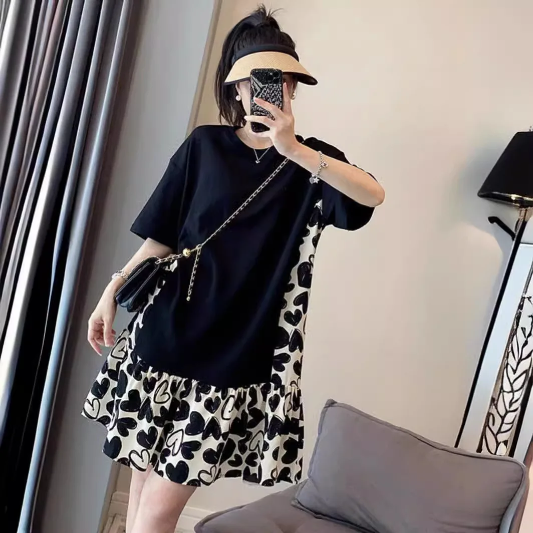 

Pregnant Summer Sweet Patchwork O-neck Short Sleeve Oversized Midi Dress Femme Korean Loose Pleated Pullover T-Shirt Dresses