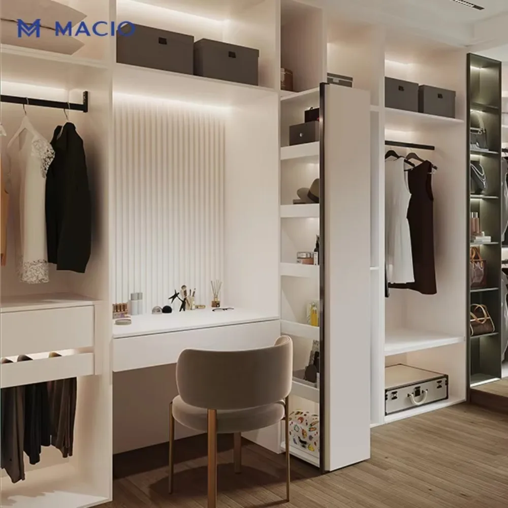 White Luxurious Built in Modern Modular Closet System Wall Mounted Led Light Large Wardrobe with Storage for Apartment