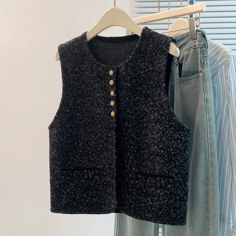 

Spring Autumn Svel Women's Vest Pure Color Bal Top Single Button round Ne Thin Outerwear Faionable Trend