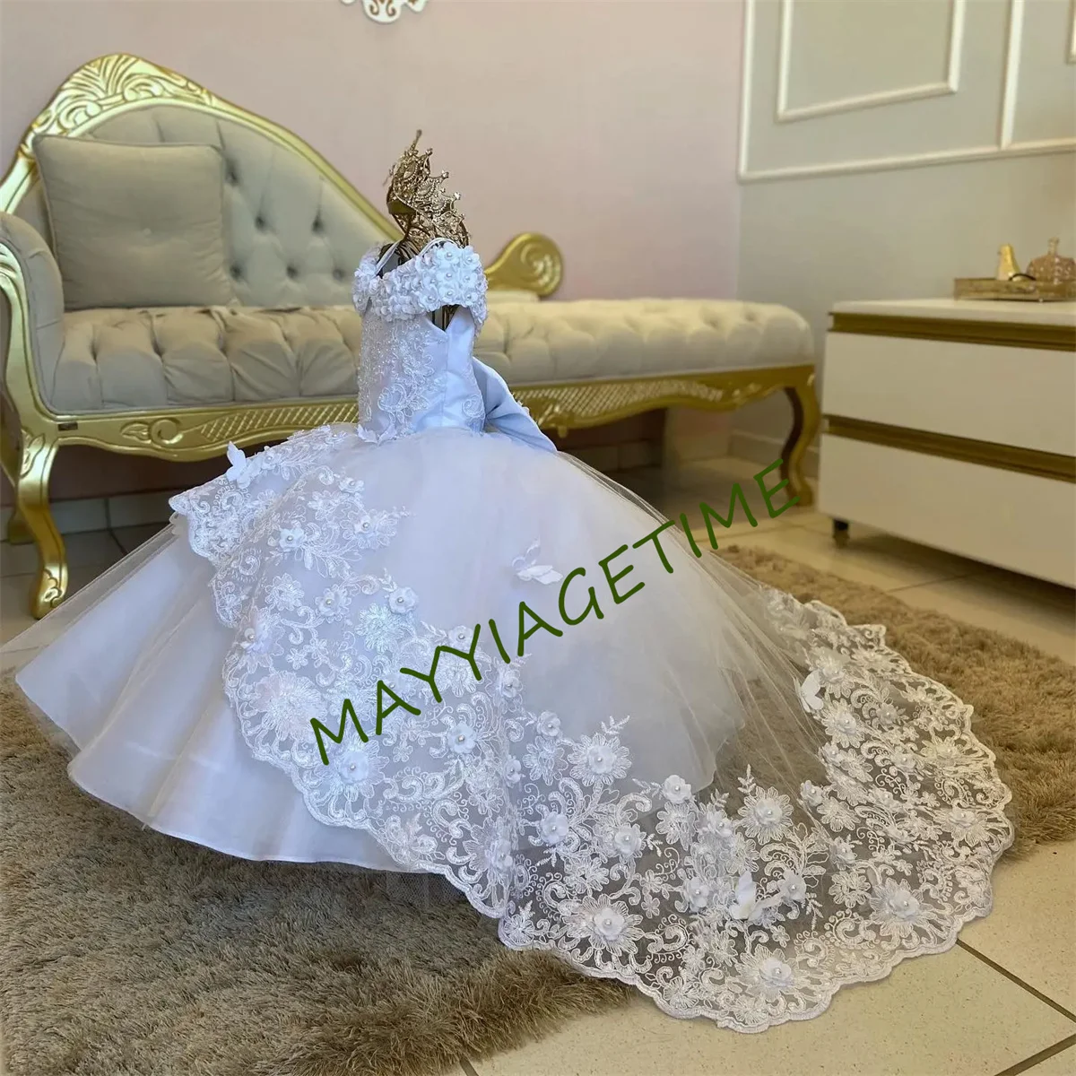 Vestido de niña de flores de perlas blancas para boda, sin mangas hinchado, fiesta de cumpleaños de princesa, tul con cuentas, vestido de primera comunión de Navidad