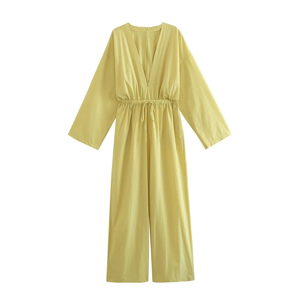 

Женский летний новый однотонный комбинезон с v-образным вырезом и длинными рукавами на шнуровке на талии, пышный длинный стильный комбинезон, широкие брюки