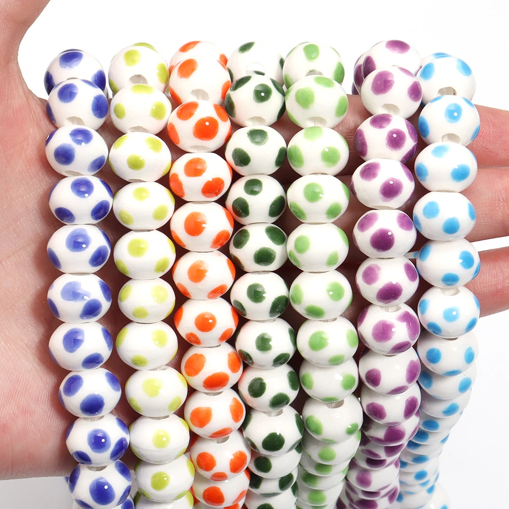 5Pcs Printed Polka Dot Ceramic Round Beads Colored Straight Holes Loose Beads For Jewelry Making Bracelet Necklace Accessories