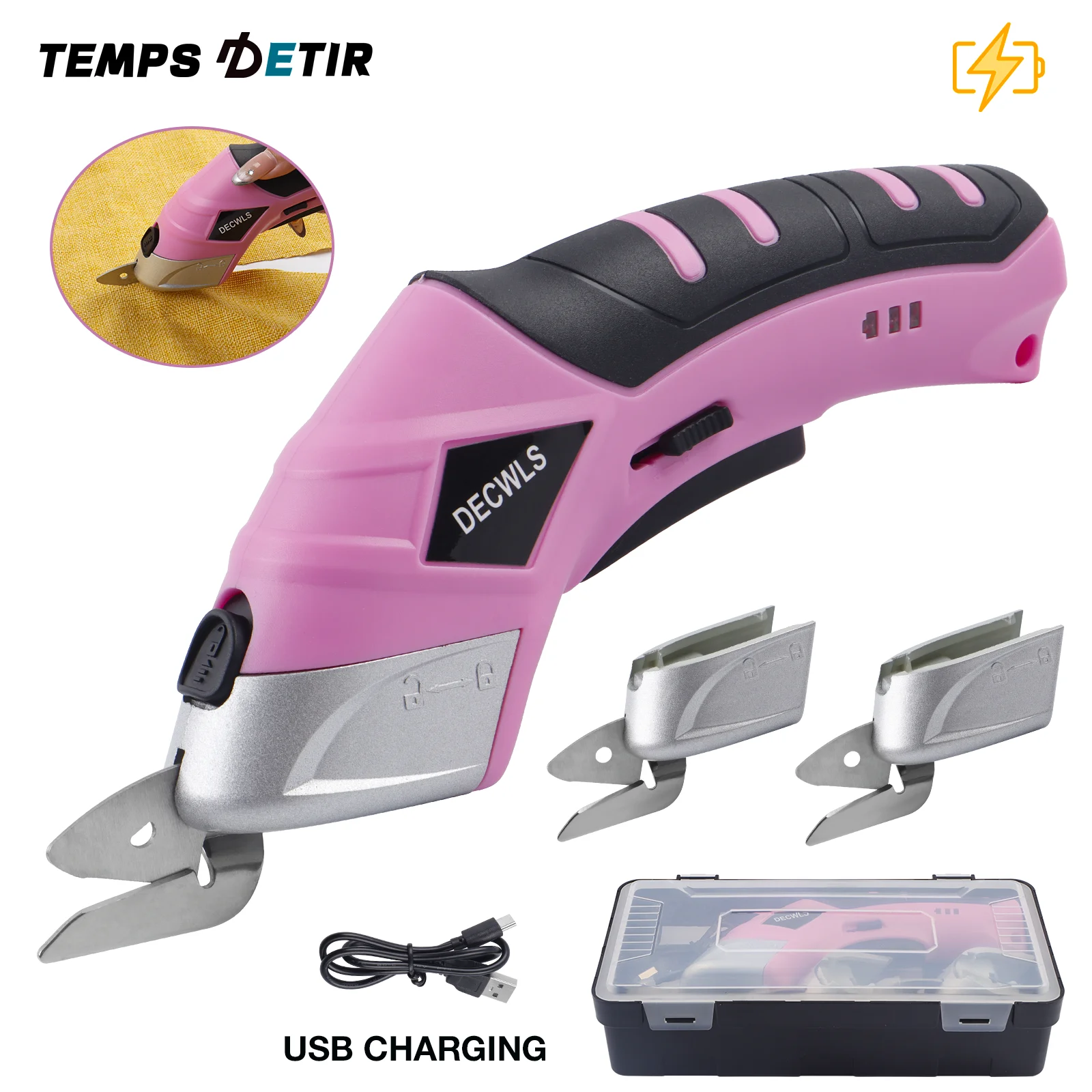 Pink Power Cordless Electric Scissors Professional Tailoring Tools for Cutting Crafts Fabrics Carpets Soft Leather and Cardboard