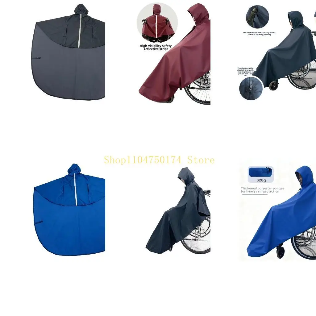 Wheelchair Rain Cover with Attached Head Cover, Reflective Front Detail, Wide Lap Panel, Side Fasteners for Wet-Weather Use Top
