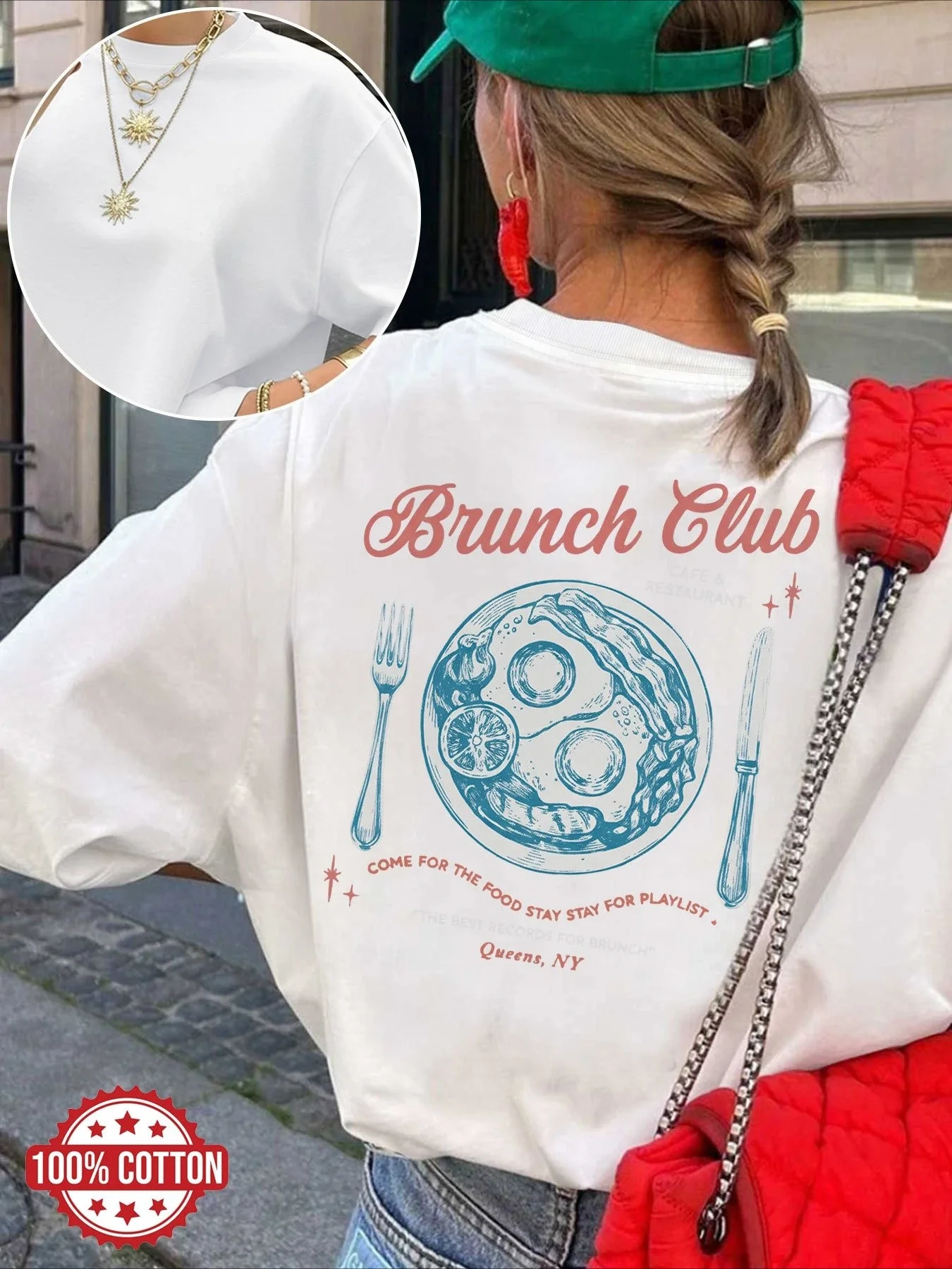Vintage Brunch Club Back Print Women's Casual Shirt Round Neck Short Sleeve Graphic Tops Tees Oversized T-shirt Female Clothing