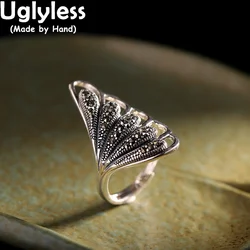 Uglyless Vintage Marcasite Rings for Women Wide Hollow Thai Silver Rings Real 925 Sterling Silver Personalized Jewelry Retro