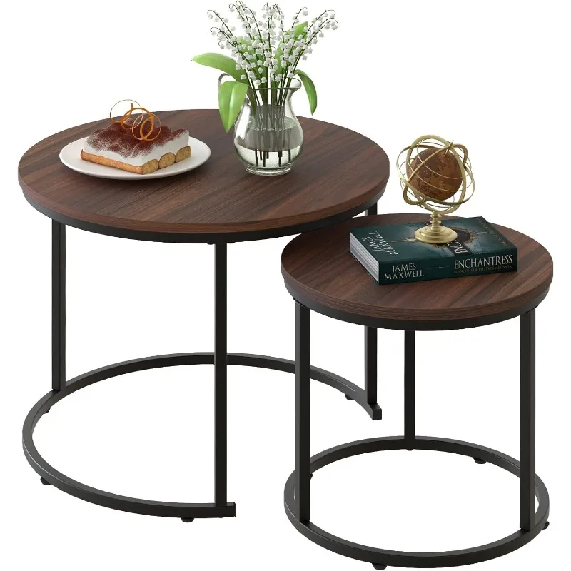 

Coffee Table Nesting Side Round Set of 2 End Table Top Sturdy Metal Frame Desk Centerpiece Living Room Bedr