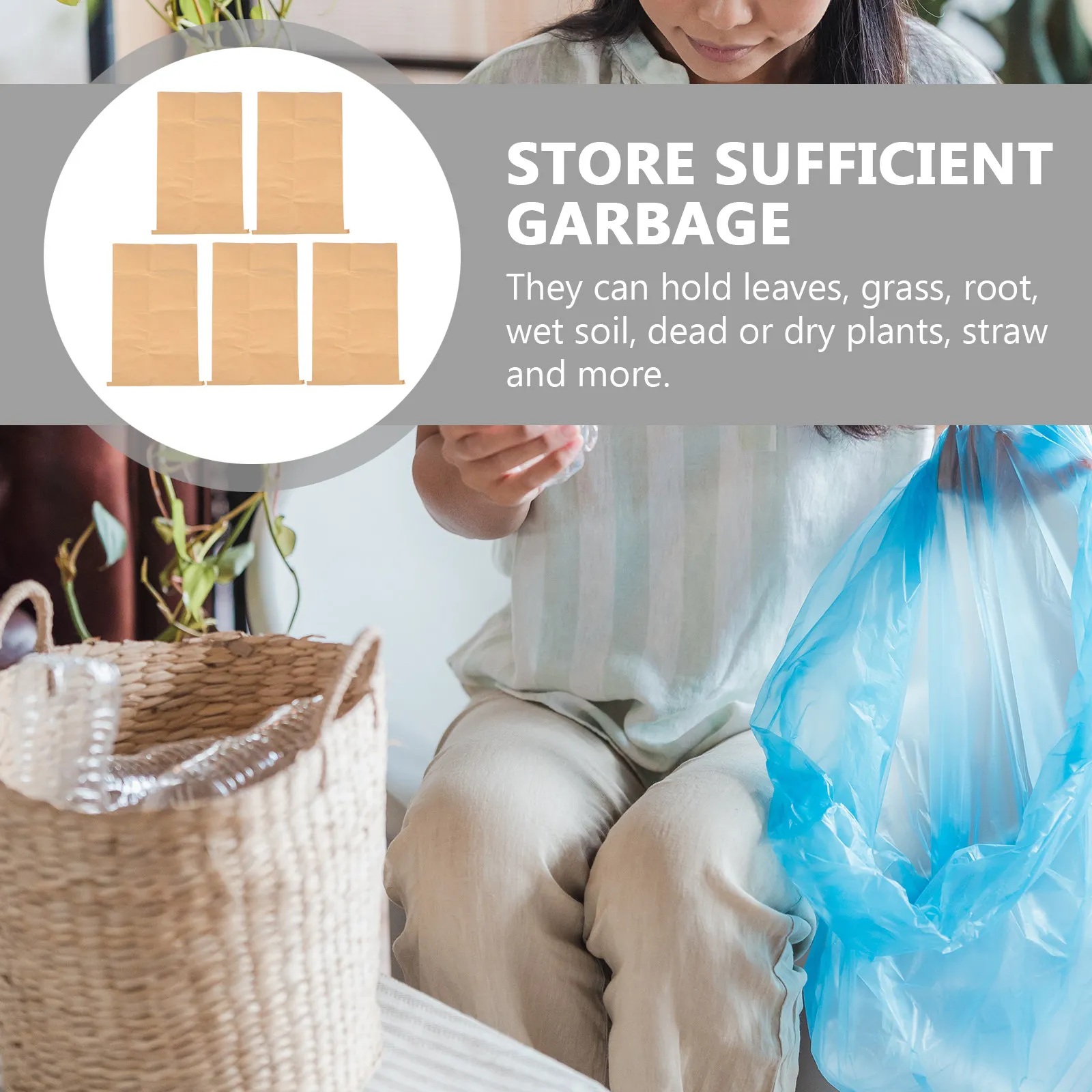 5Pcs Large Capacity Waterproof Garden Trash Bags Kraft Paper Material for Leaves Grass Dead Plants Wet Soil Foldable Yard Litter