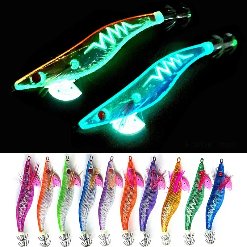 Glow Wood Shrimp Luminous Bait Squid Jigs with Octopus Squid Jig Hooks Cuttlefish Noctilucent Light Fishing Lure Size 3.5#/21g