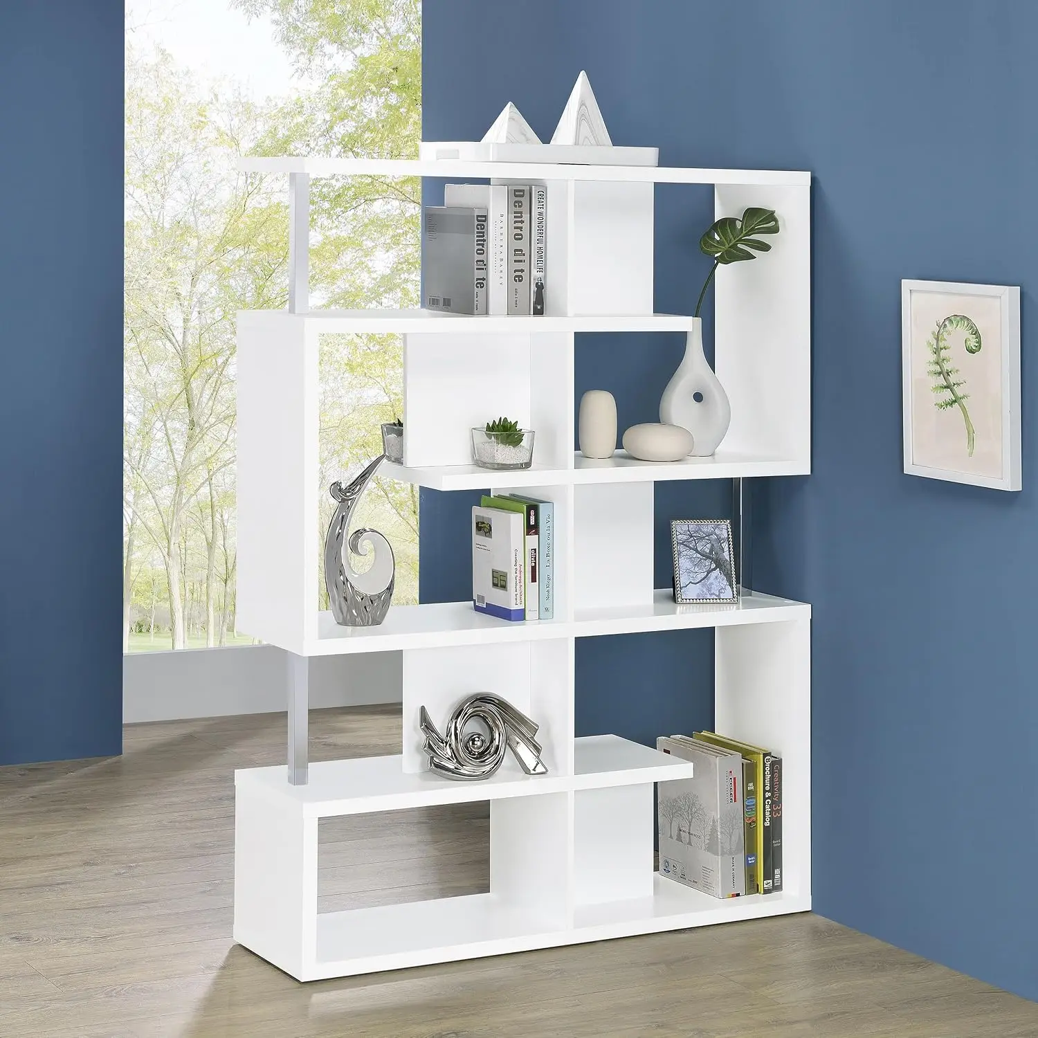 White 5-Shelf Metal & Wood Bookshelf with Chrome Details for Home Office 63 Inch, Customized