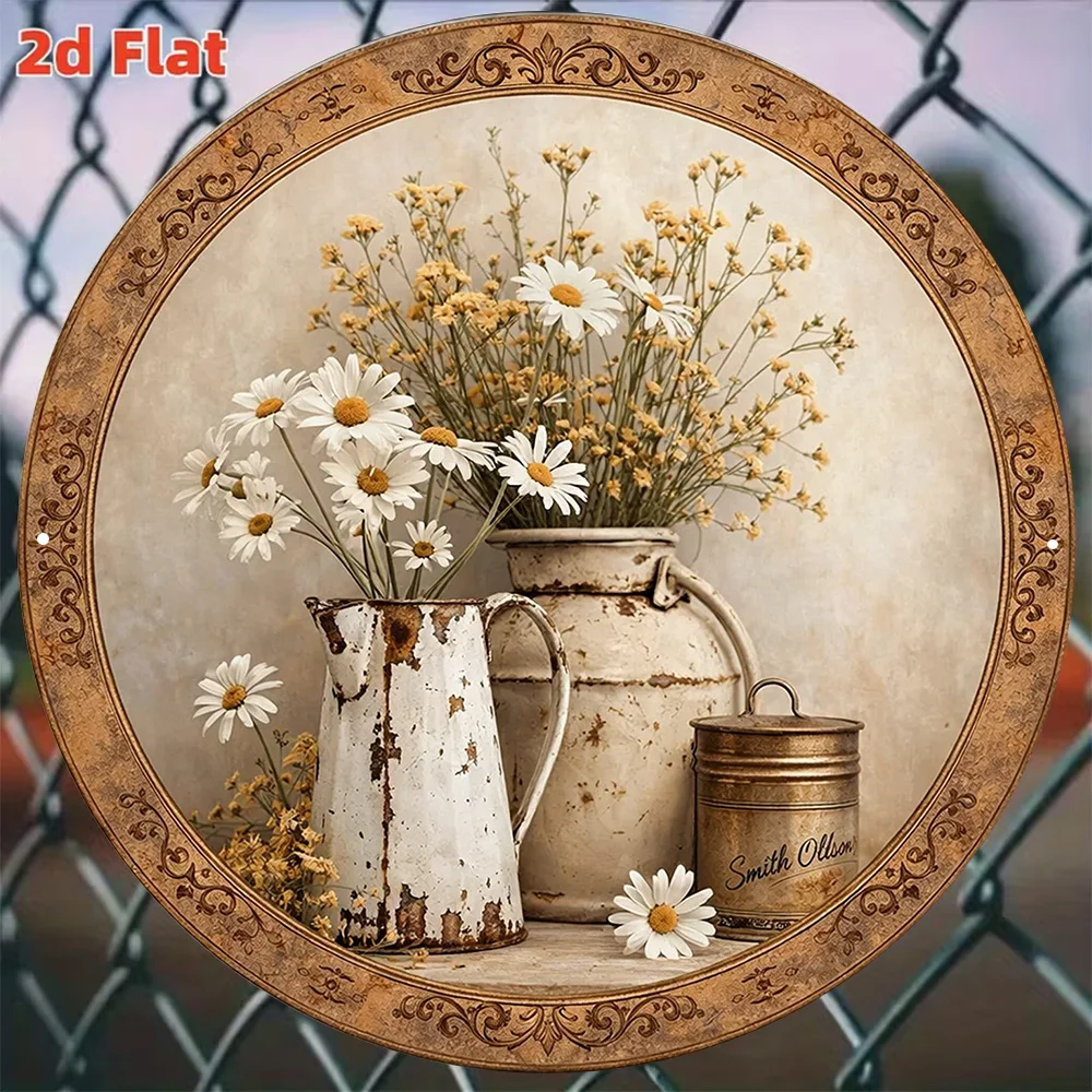 Vintage Daisy Round Sign - 2D Flat - 1pc 1pc 1pc - Suitable for Decorating - 8X8In/20X20Cm Rustic Farmhouse Wall Decor with Dais