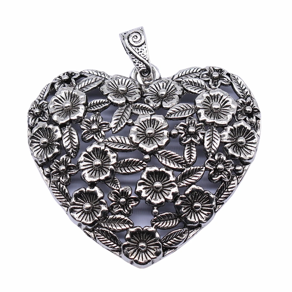 WYSIWYG 1pcs 67x58mm Antique Silver Color Hollow Flower Heart Charms Pendant For Jewelry Making DIY Jewelry Findings