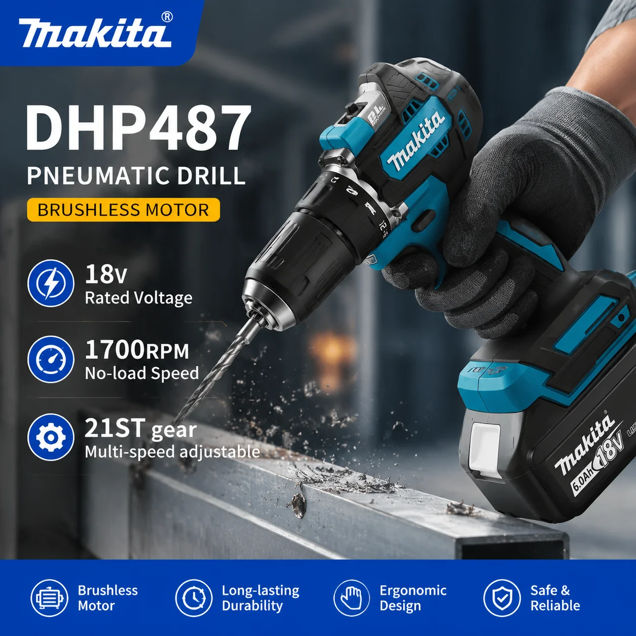 

Makita Battery 18V LXT 6.0Ah Compatible With DHP487 Brushless Impact Hammer Driver Drill Tool