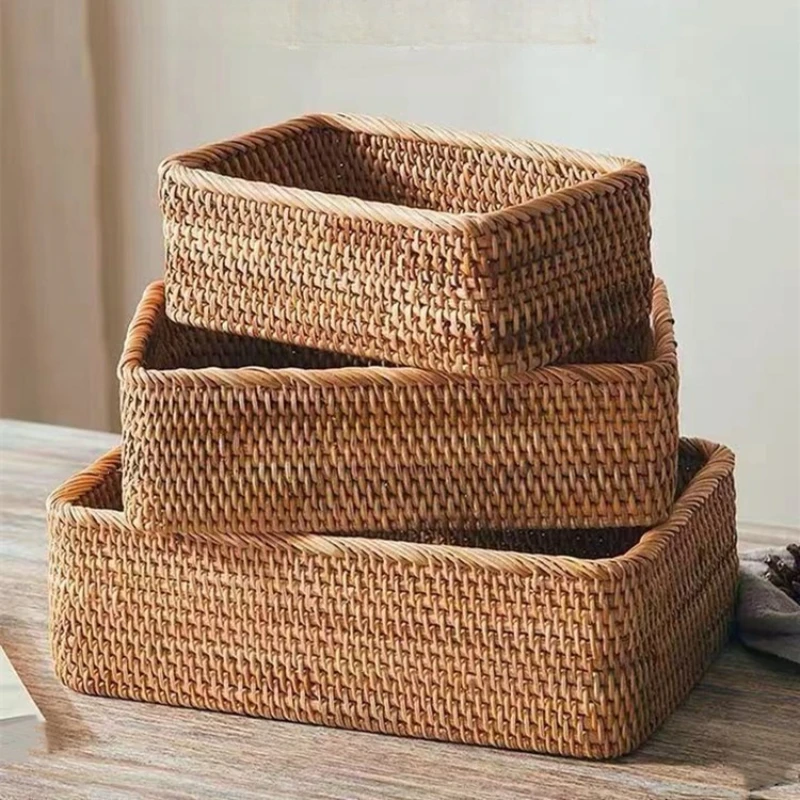 Woven Wicker Desktop Remote Control Storage Box Cosmetic and Miscellaneous Organizing Storage Basket Square Storage Box