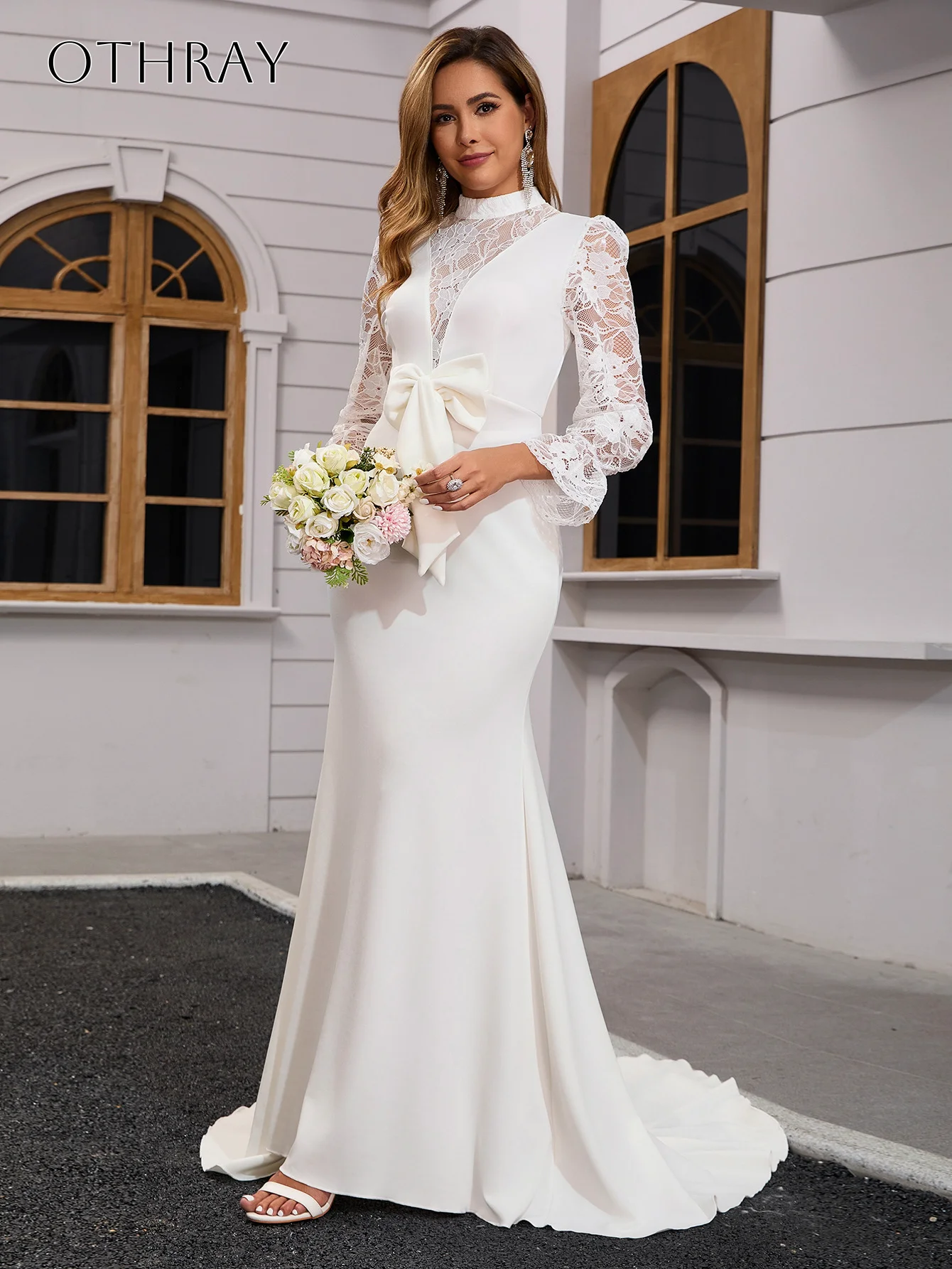 High-neck Sheath Bridal Gown Lace Long Sleeves Pleated Bow Satin Sweep Train Customized Vestidos De Novia