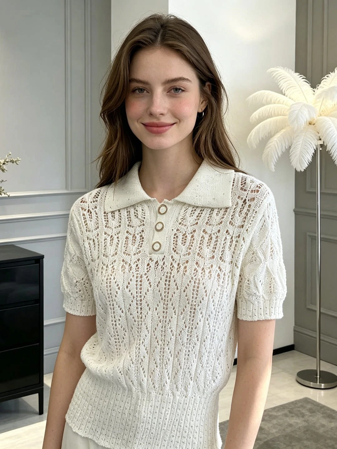 Women's Premium Lapel Hollow Knitted Top Short Sleeve Thin Breathable Elegant Office Workwear Shirt
