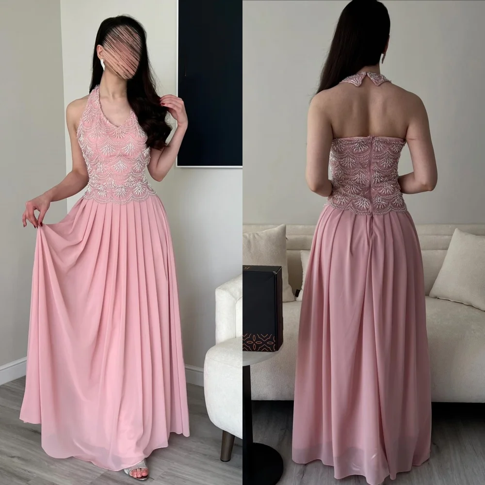 Customized Intricate Sparkle Chiffon Pleat Ruched Rhinestone A-line Halter Long Dresses Evening Dresses Sizes Available Fashion