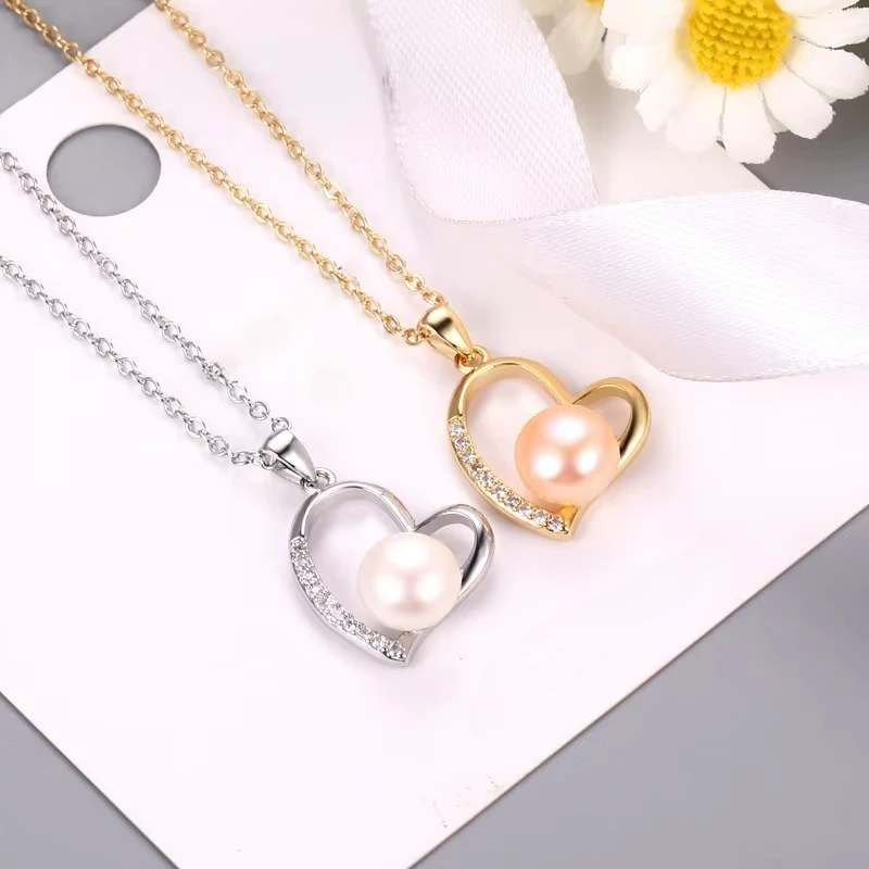 Dainashi 8-9mm Natural Freshwater Pearl Women Necklaces Crystal Zircon Heart Pendant Necklaces  for Women Elegant Jewelry Gift