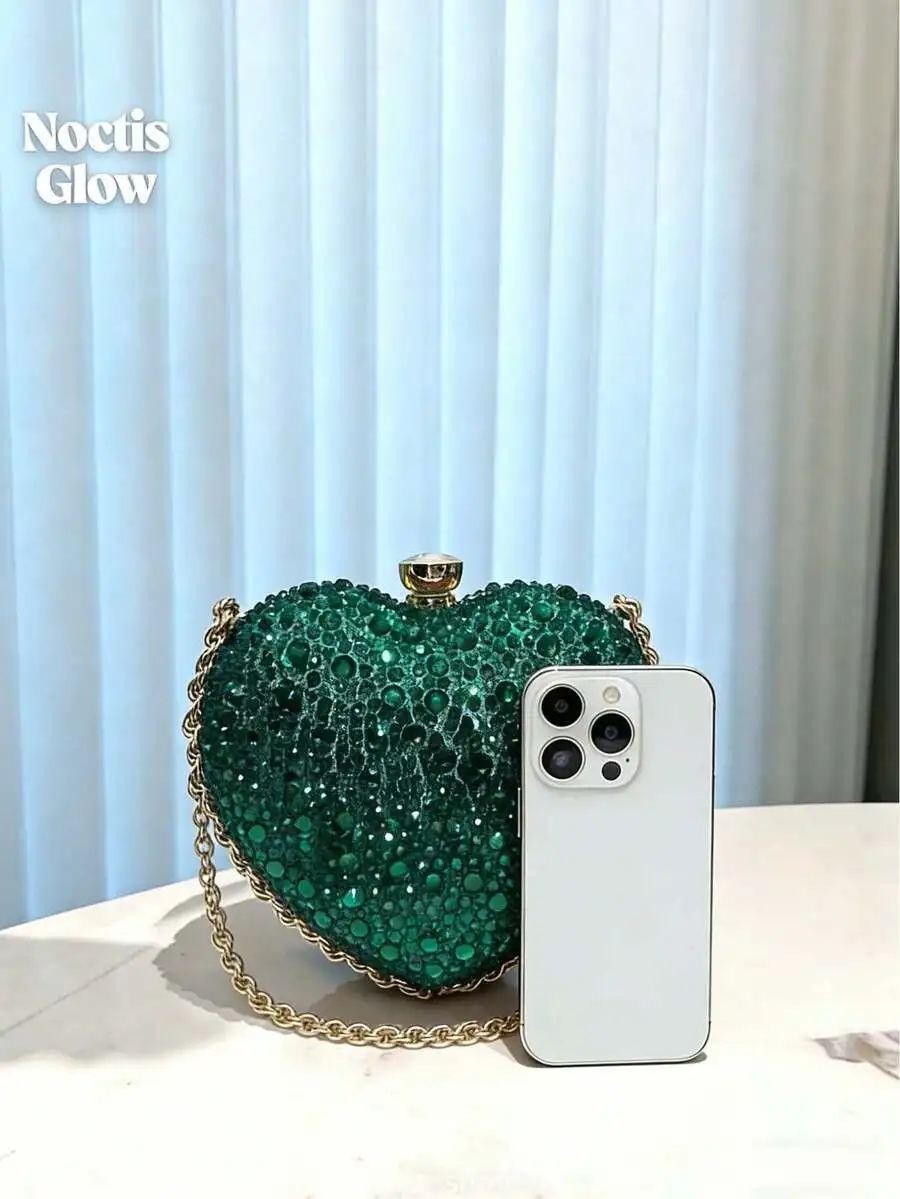 

Heart-Shaped Mini Clutch In Vibrant Emerald Green With Full Rhinestone Embellishment And Gold Chain, Perfect For Evening Events