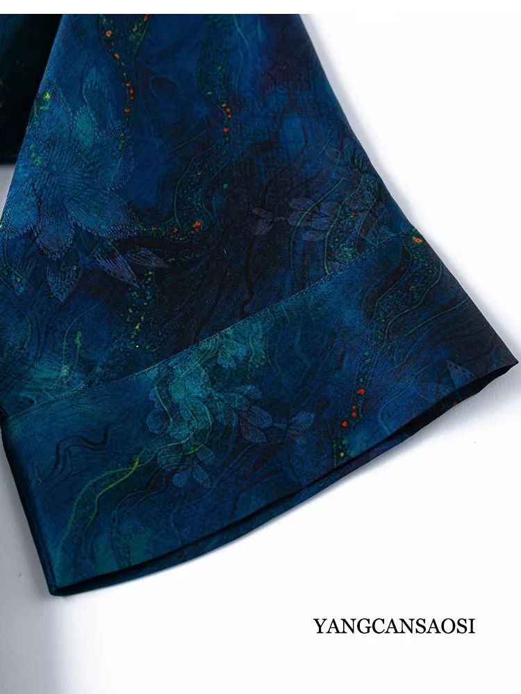 여성 가을 의류 블루 프린트 100% 천연 뽕나무 실크 갬비어드 광둥 거즈 배트윙 슬리브 출퇴근용 드레스