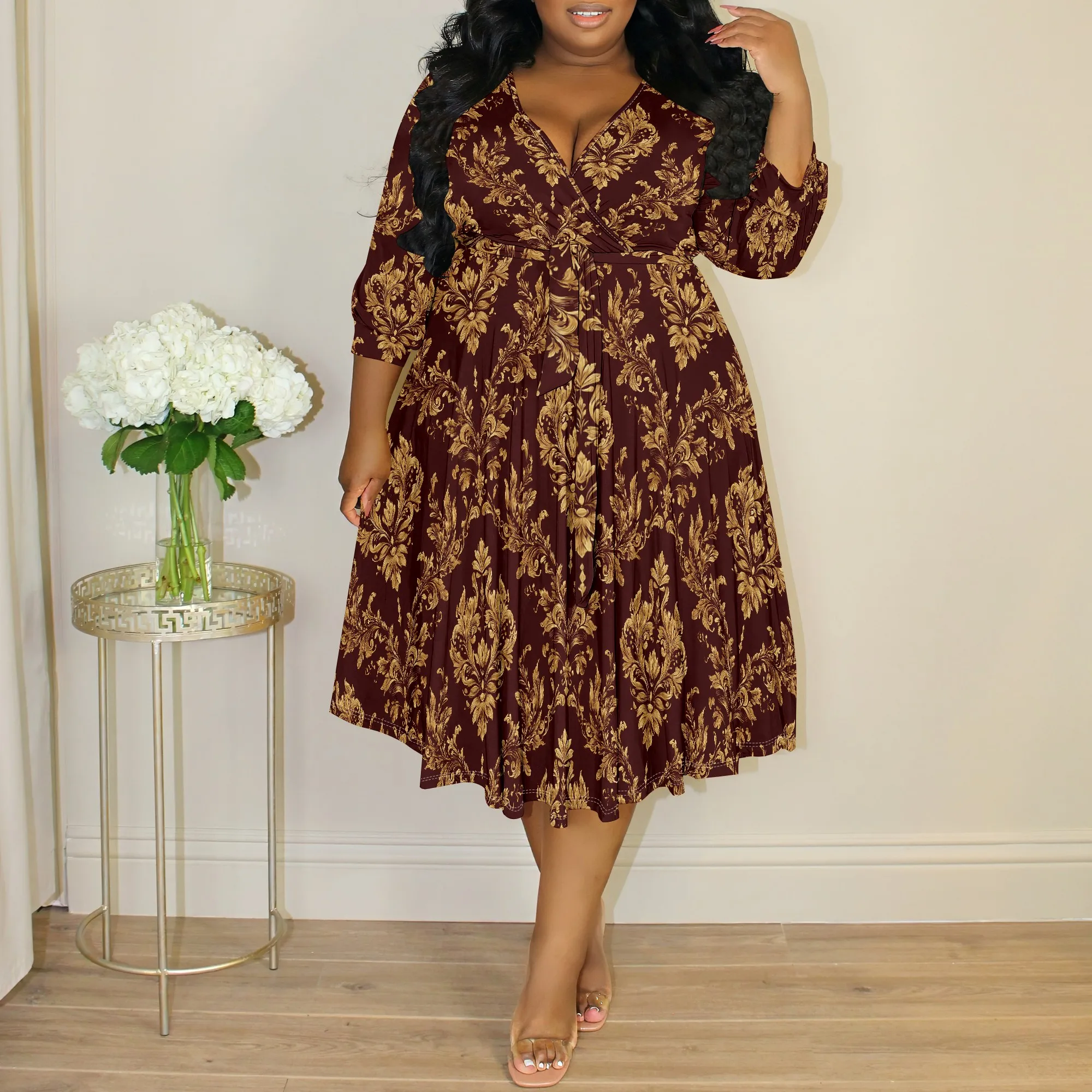 

Baroque Print Wine Red Wrap Dress XL-6XL – Plus Size V-Neck Midi for Thanksgiving, Wedding Guest or Holiday Gathering