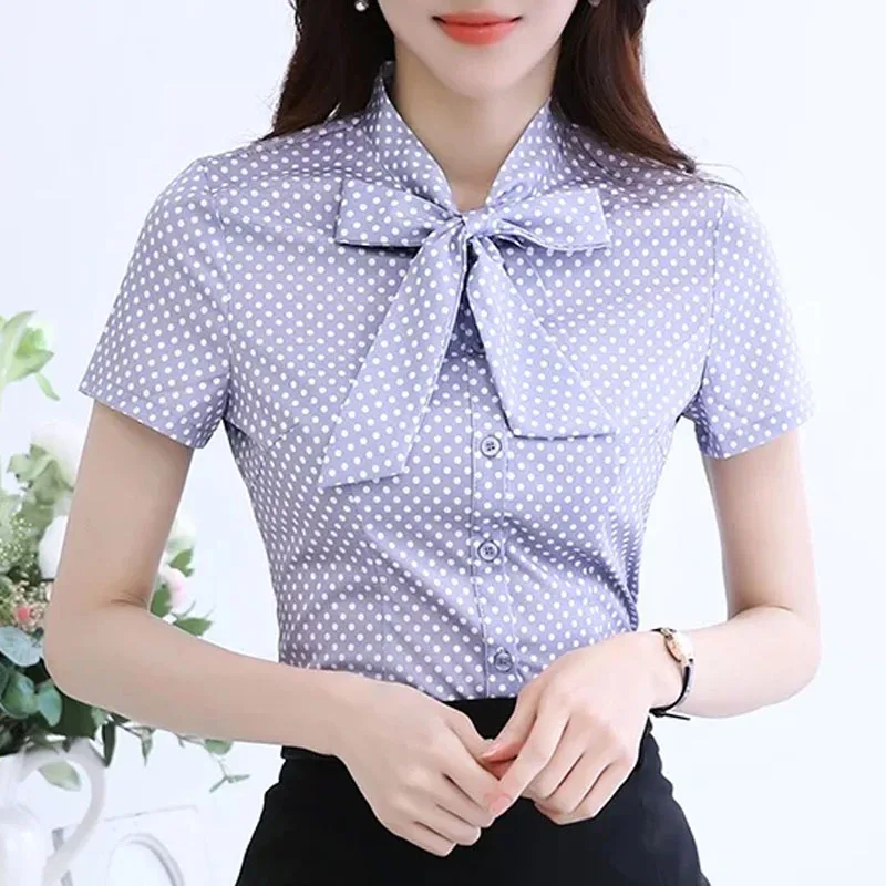 New Fashion Summer Office Lady Shirt Women 2024 Short Sleeve Bow Neck Women\'s Clothing Wave Point Woman Tops Blusas 893F