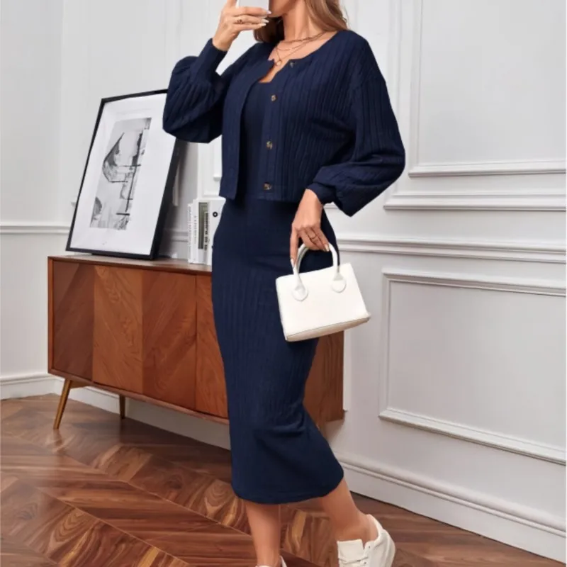 

Сексуальное модное женское платье, комплект из 2 предметов, вязаные платья без рукавов с квадратным воротником на подтяжках + вязаный кардиган, тонкие комплекты, Vestidos